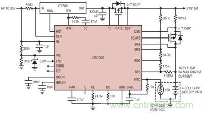 LTC4000 和 LTC3789：6V 至 36VIN、4 節(jié) 5A 鋰離子電池充電器