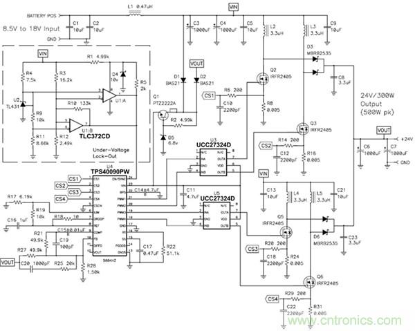 TPS40090 多相降壓控制器的 4 相、300W 升壓電源