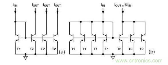 （a） 多級(jí)電流鏡 （b） 非整數(shù)比例電流鏡可將3個(gè)T2集電極結(jié)合起來(lái)，得到3IIN