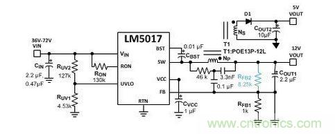 基于 LM5017 的 Fly-Buck 轉(zhuǎn)換器電路，沒有基于光耦合器的穩(wěn)壓電路