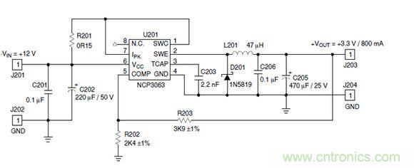Buck電路應(yīng)用實(shí)例-輸入9～12V，輸出3.3V 800mA電路