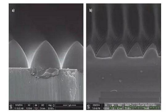 圖案化藍(lán)寶石基板通過(guò)光致抗蝕劑掩膜在電感耦合等離子體干法反應(yīng)性腐蝕保持良好剛性結(jié)構(gòu)（如圖a）,然而，如果光致抗蝕劑掩膜的剛性結(jié)構(gòu)在抗蝕過(guò)程中沒(méi)有得到保持，那么結(jié)果會(huì)很差（如圖b）