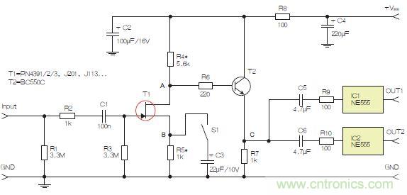 圖3：采用兩個(gè)工作在不同頻率下的555定時(shí)器電路，以獲取不同的音效。