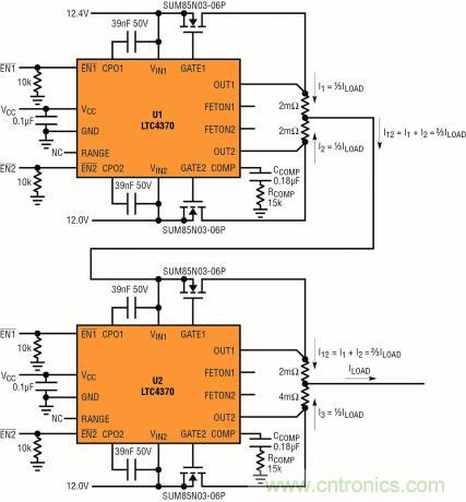 針對三個(gè)或四個(gè)電源的簡易平衡負(fù)載均分，即使電源電壓不等也絲毫不受影響