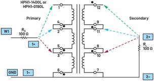   材料  ? ADALM2000主動學習模塊 ? 無焊試驗板和跳線套件 ? 一臺HPH1-1400L 6繞組變壓器 ? 一臺HPH1-0190L 6繞組變壓器 ? 兩個100 Ω電阻  說明  在無焊試驗板上構建圖2所示的電路。需要使用此設置來測量初級/次級匝數(shù)比為1:1的三種不同配置下，兩個變壓器型號各自的頻率響應。兩個紅色箭頭表示在初級和次級使用同一個線圈的配置中連接源電阻和負載電阻的位置。藍色箭頭對應的是在初級和次級使用兩個串聯(lián)線圈的配置。綠色箭頭對應的是在初級和次級使用三個串聯(lián)線圈的配置。